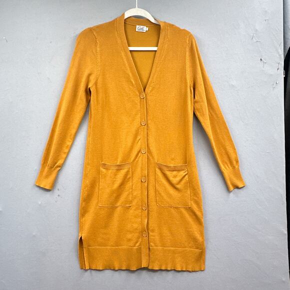 Cielo Long Cardigan Sweater M Mustard Yellow Academia School Tunic Layering Lght - Picture 2 of 15